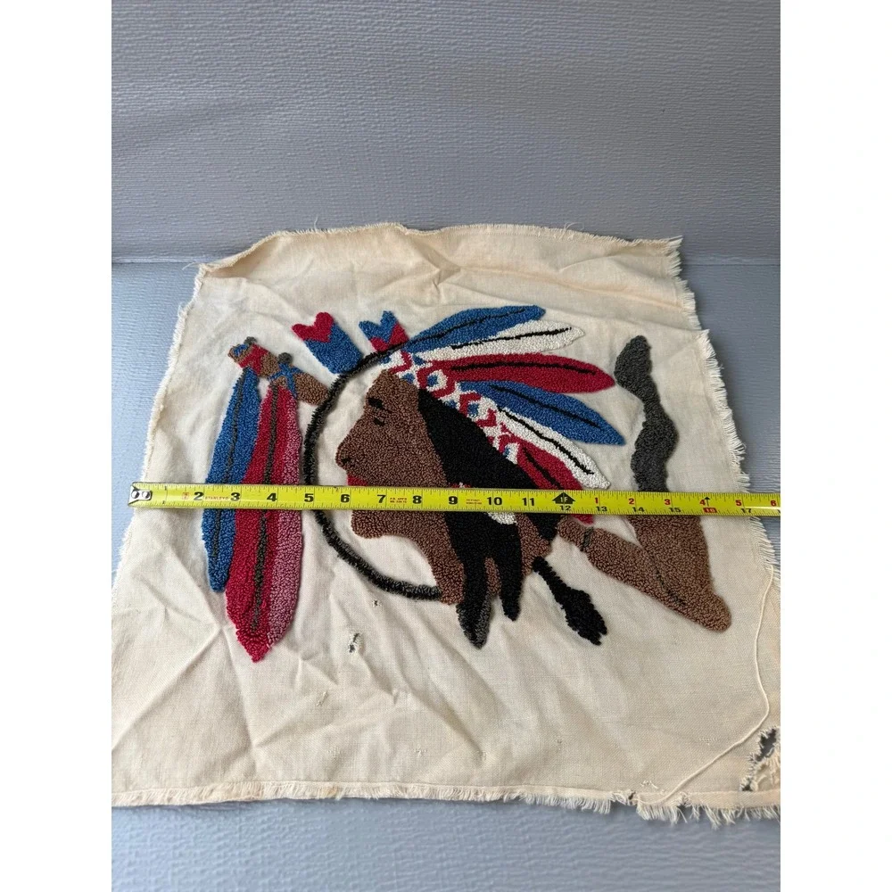 Vintage Punch Needle Rug Hook Native American Chief Textile Art Handmade 17x18